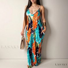 Lasaky - Seductive Deep V-Neck Maxi Dress with Floral Print Tropical Chic Outfit, Women Maxi Dresses, Tropical Print Dress, Plus Size Summer Outfit, Spaghetti Strap Maxi Dress, Maxi Robes, Women Maxi, Hip Dress, Chic Me