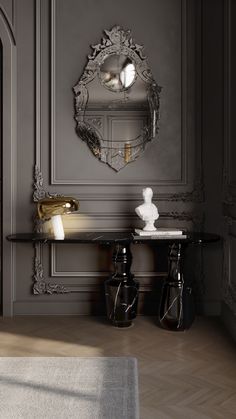 a room with a mirror, table and two vases