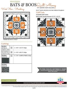 the pattern for bats and boos quilting is shown in orange, black and white