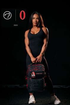 a woman holding a gym bag in her hands and posing for a photo with the words,