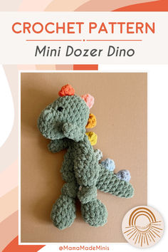 a crochet pattern for a small dinosaur with flowers on its head and tail