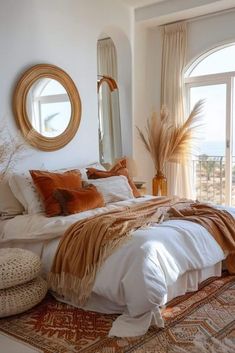 a large bed sitting next to a window in a room with a rug on the floor