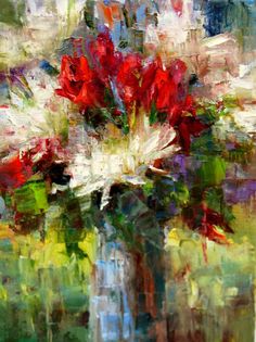 an abstract painting of red and white flowers in a vase