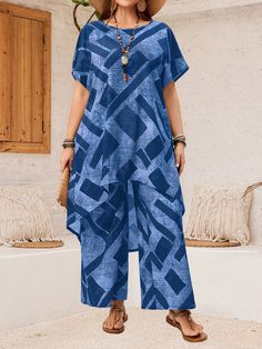 Plus Size Women's Vacation Leisure Geometric Printed Asymmetric Hem Top & Pants Set Blue Casual    Geometric,All Over Print  Non-Stretch  Women Plus Clothing, size features are:Bust: ,Length: ,Sleeve Length: Casual Asymmetrical Summer Sets, Asymmetrical Hem Top, Top Pants Set, Co Ords, Hem Top, Asymmetric Hem, Plus Clothing, Women Clothes Sale, All Fashion