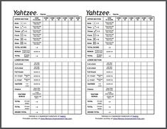 the printable yahtze score sheet is shown in black and white, with numbers on