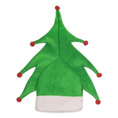 a green christmas tree hat with white and red trimmings on the top, sitting in front of a white background