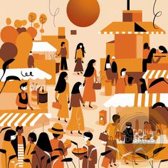 an image of people walking around in the city with oranges and browns on them