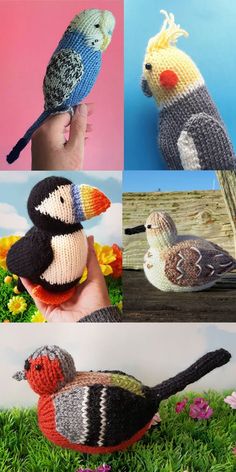 crocheted birds are shown in four different pictures