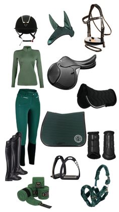 horse riding gear including boots, saddles, and hats are shown in this image