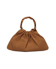 The slouchy handbag is a versatile and stylish accessory crafted with Italian precision. The circular bamboo handles and warm brown raffia material exude an elegant charm, making it a perfect daily companion. Its unique shape and classic color make it a timeless addition to any ensemble, reflecting the best of Italian craftsmanship. Features: Made in Florence, Italy Material: hand-made raffia (cotton and nylon blend) Colour: warm light brown Fully lined with light brown grosgrain 2 round bamboo Brown Bucket Bag With Round Handle For Shopping, Chic Brown Satchel With Rolled Handles, Eco-friendly Top Handle Bucket Bag With Bamboo, Brown Pouch Bag With Braided Handles, Chic Brown Bag With Round Handle, Eco-friendly Bucket Bag With Bamboo Handle, Elegant Brown Straw Bag With Double Handle, Elegant Brown Straw Bag For Everyday, Eco-friendly Brown Bag With Braided Handles