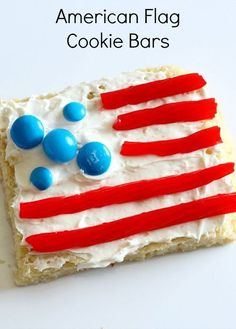 an american flag cookie bar with red, white and blue icing