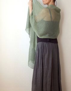 This elegant, lightweight, and airy, knitted lace shoulder wrap with a beautiful drape makes a stylish addition to any wedding or evening dress.  It envelops the body keeping you warm and cozy on a special day. This versatile accessory is perfectly suited for spring and summer as a light shawl or shoulder cover-up and in the fall and winter as a scarf. It is knitted of 100% linen yarn.  Linen is natural, non-allergenic, and non-static. Feels pleasant to the skin. Color: Artichoke Green Approxima Bridesmaids Boho, Boho Scarf, Summer Shawl, Sheer Cover Up, Bridal Shawl, Boho Scarfs, Shoulder Wrap, Linen Scarves, Knit Lace