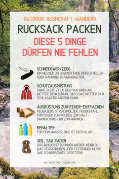 an advertisement for the outdoor bushcraft wanderr's pack, which includes hiking gear and