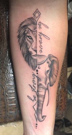 a lion and an elephant are on the legs of a woman's leg, with words written in cursive writing