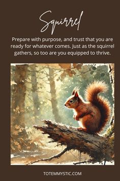 a squirrel sitting on top of a tree branch with the words, spirit prepare with purpose and trust that you are ready for whatever comes