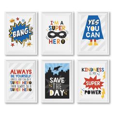 four framed posters with superhero sayings on them