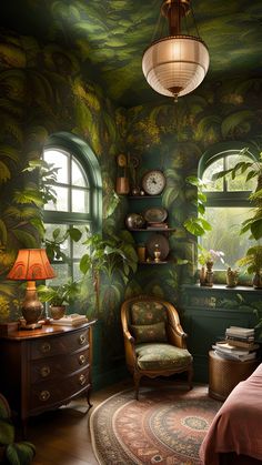 a bedroom decorated in green and gold with plants on the walls, an old fashioned chair next to a window