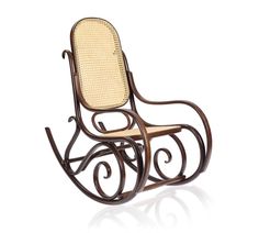 a wooden rocking chair with wicker seat and armrests on an isolated white background