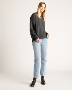 The boyfriend crew has an oversized, cropped silhouette, with ribbed detail on cuffs and hem. It's made from 100% organic cotton for a soft, slouchy vibe. It has a versatile look, ready to be worn under your favorite coat but chic enough to wear standalone—or even dress up for brunch.  | Quince | Women's Boyfriend Crewneck Sweater in Charcoal, Size XS, Organic Cotton Boyfriend Sweater, The Boyfriend, Life Experience, Favorite Sweater, Organic Fabrics, Navy Sweaters, Crew Neck Sweater, Normcore, Perfect Fit