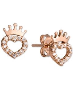 For princesses-in-training, these sparkly Disney heart and crown stud earrings with cubic zirconia accents. Rose Gold Cubic Zirconia Heart Earrings For Valentine's Day, Valentine's Day Rose Gold Heart Earrings With Cubic Zirconia, Rose Gold Pierced Jewelry For Valentine's Day, Rose Gold Heart Cut Earrings For Mother's Day, Rose Gold Sterling Silver Heart Earrings For Mother's Day, 14k Rose Gold Jewelry, Heart Crown, Rose Gold Jewelry, Cubic Zirconia