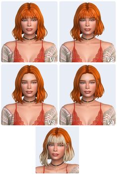 four different views of a woman's face with red hair and no bras