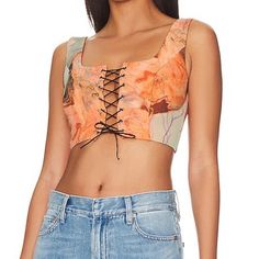 Superdown (From Revolve), Size Xs, Never Worn & Tags Still Attached Summer Cropped Nylon Top, Spring Cropped Nylon Top, Cropped Nylon Tops For Spring, Spring Nylon Tops, Casual Nylon Crop Top, Casual Nylon Crop Top For Summer, Lace Up Crop Top, Color Orange, Top Styles