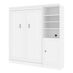 a white bookcase with two doors and drawers