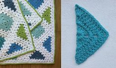 two crocheted squares are next to each other, one is blue and the other has green leaves