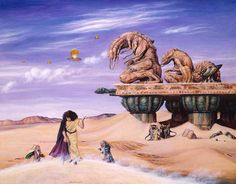 a painting of people in the desert with an alien like creature on top of it