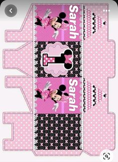 a box with minnie mouse on it and pink polka dot paper in the bottom corner