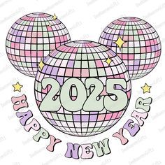 mickey mouse ears with the words happy new year in front of it and two disco balls