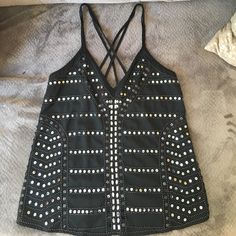 Nwot - Express, Black, Sequin/Jeweled Tank Top. The Straps Criss Cross In The Back To Give It An Added Uniqueness. Very Cute Top, Perfect With A Pair Of White Jeans And Black Heels For A Night Out! Edgy Embellished Party Top, Black Embellished Tops For Festival, Black Sequin Tank Top, Sequin Tank Top, Sequin Tank, Sequin Tank Tops, Cute Top, Black Sequins, Cute Tops