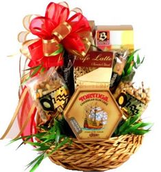 a basket filled with lots of different types of food and candys on top of a table