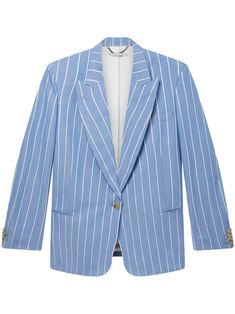 alice blue/white pinstripe pattern peak lapels front button fastening shoulder pads long sleeves buttoned cuffs chest welt pocket two front jetted pockets straight hem Stripe Blazer, Blazer Pattern, Pinstripe Blazer, Baby Boy Dress, Women Blazer, Blazer Designs, Straight Leg Trousers, Short Shirts, Baby Month By Month