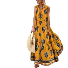 Women Clothing Summer Elegance Sleeveless Bohemian Printed Dress - Shopshive Bohemian Sleeveless V-neck Dress For Summer, Casual Boho Print V-neck Sundress, V-neck Boho Print Dress For Beachwear, Sleeveless Printed Maxi Dress For Beach Cover-up, Bohemian Sleeveless Cotton V-neck Dress, Bohemian Print Dress, Summer Elegance, Clothing Summer, Vacation Dress