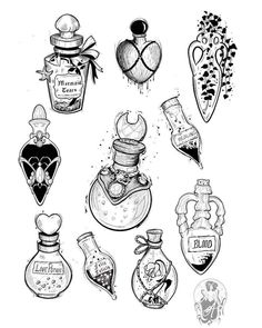 an ink drawing of various perfume bottles with labels on the top and bottom, all in different shapes and sizes