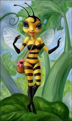 a painting of a bee holding a pink flower in its right hand and standing on top of a green leafy area