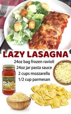 an advertisement for lasagna with pasta, cheese and salad on the plate next to it