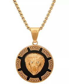 STEELTIME - Men's Two-Tone Stainless Steel Simulated Diamond Lion Head Greek Accent 24" Pendant Necklace Lion Head, Art Nouveau, Two Tone, Versace, Lion, Pendant Necklace, Stainless Steel, Pendant, Gold