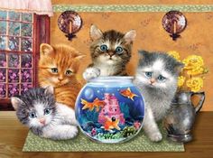 three kittens are sitting in front of a fish bowl