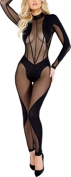 Roma Confidential Long Sleeve Sheer Mesh Detailed Jumpsuit | Nordstrom Sheer Bodysuit Outfit, Spandex Jumpsuit, Sheer Outfit, Black Catsuit, Mesh Clothing, Bra Outfit, Outfits New Year, Emma Peel, Mesh Jumpsuit