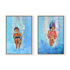 two paintings of children swimming in the water, one is wearing a swim suit and the other has a bathing suit