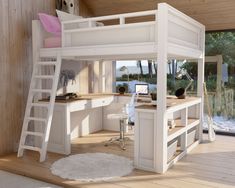 a loft bed with desk and ladders in a room next to a wooden wall