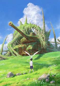 a man standing in front of a giant green tree with two birds flying over it