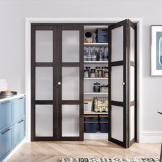 an open pantry in the corner of a room