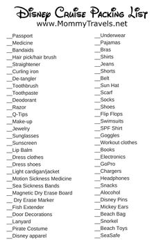 the disney cruise packing list is shown in black and white, with words on it