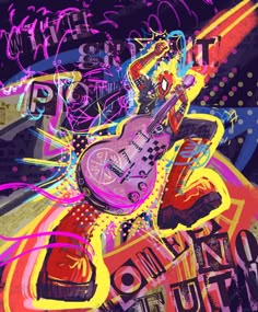 an abstract painting of a guitar with neon colors