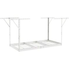 a white shelf with two shelves on each side and one shelf above the other, in front of a white background