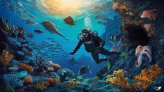 a painting of a scuba diver swimming in the ocean surrounded by corals and fish