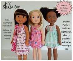 three dolls standing next to each other in front of a sign that says stella sue